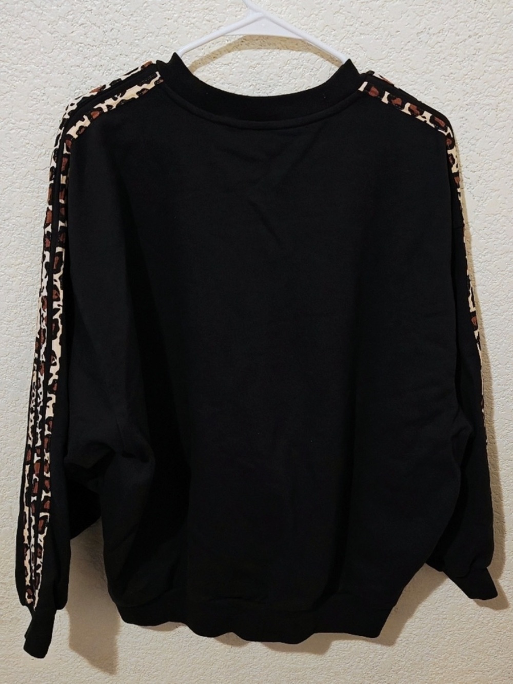 adidas Black Crewneck Sweatshirt with Leopard-Print Shoulder Stripes - Picture 3 of 5